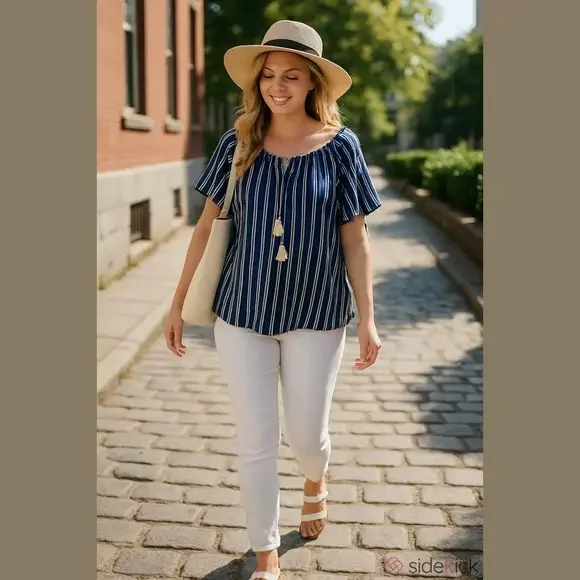 Croft & Barrow Navy White Striped Top 1X - Picture 1 of 6